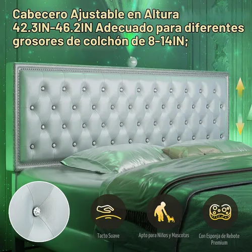Vista 4 de Base de cama de plataforma tapizada tamaño Queen con cabecera LED, proyector de estrellas integrado y cabecera ajustable, no necesita somier, fácil