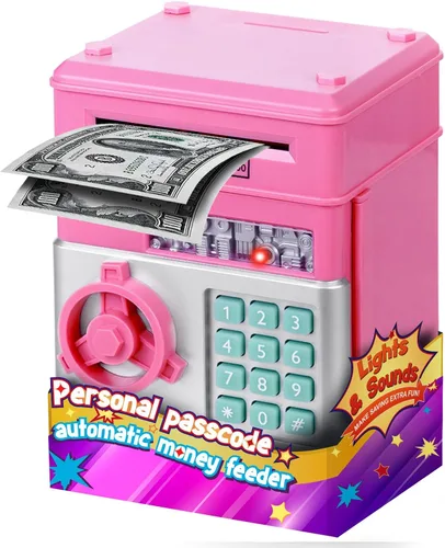 Vista 17 de Refasy Alcancía para dinero en efectivo, cajero automático, banco electrónico de monedas para niños de 3 a 12 años, caja de ahorro de dinero, mini