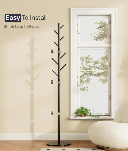 Vista 7 de Perchero con 8 ganchos, 3 alturas ajustables, moderno árbol de pasillo, soporte de metal resistente con base de piedra sinterizada para entrada