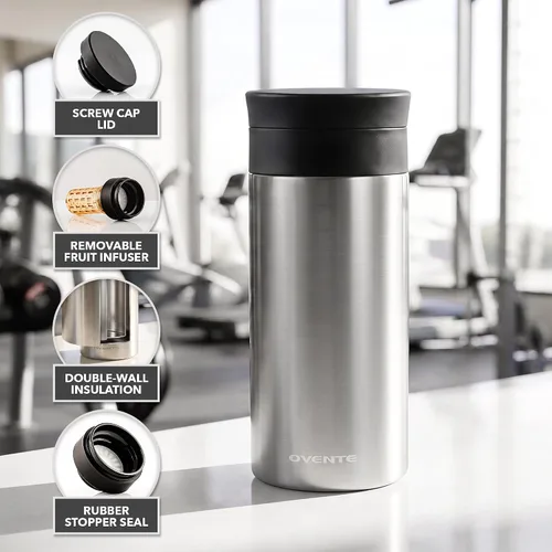 Vista 2 de OVENTE MSA12S - Taza aislada al vacío de acero inoxidable, 12 oz, color plateado Portable Double Wall Handheld Tumbler with Tea Infuser, BPA-Free