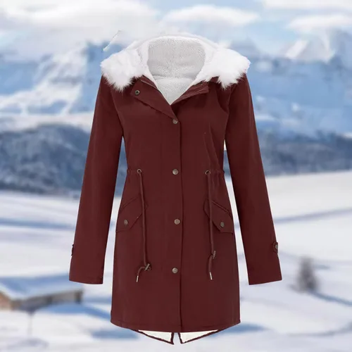 Vista 2 de SNKSDGM Abrigo de invierno con forro de piel sintética para mujer, abrigo de invierno con bolsillos, Rojo