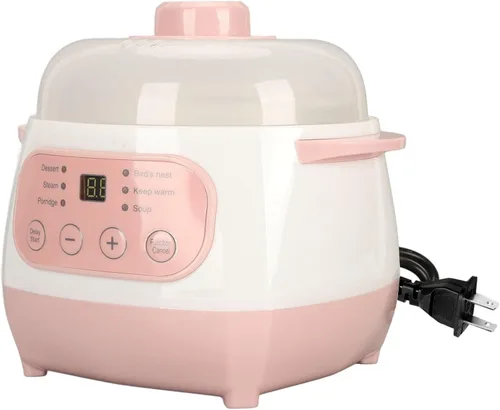 Vista 8 de Jiawu Olla eléctrica para estofado, olla arrocera digital de 200 W 1 L con tapa, pequeña olla de cerámica con temporizador integrado, hace sopas