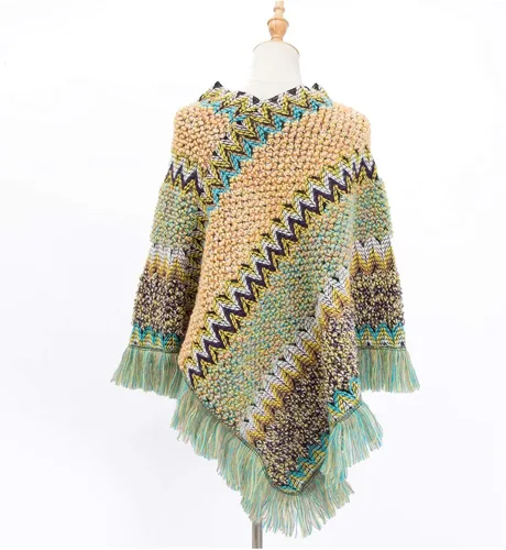 Vista 7 de Bufanda cálida de invierno étnica retro gruesa estilo señoras, capa de chal, sassel, bufanda de color a rayas