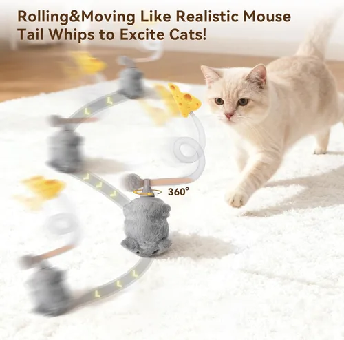 Vista 2 de Migipaws MigiMouse - Juguete interactivo para gatos con rodamiento y giro de 360° con cola de plástico de malla para gatos de interior, sensor