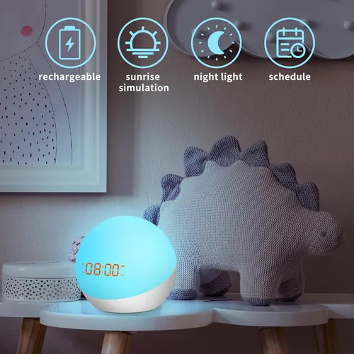 Vista 5 de Reloj despertador para niños, entrenador del sueño, reloj despertador para niños pequeños, máquina de sonido portátil para bebés, reloj de luz