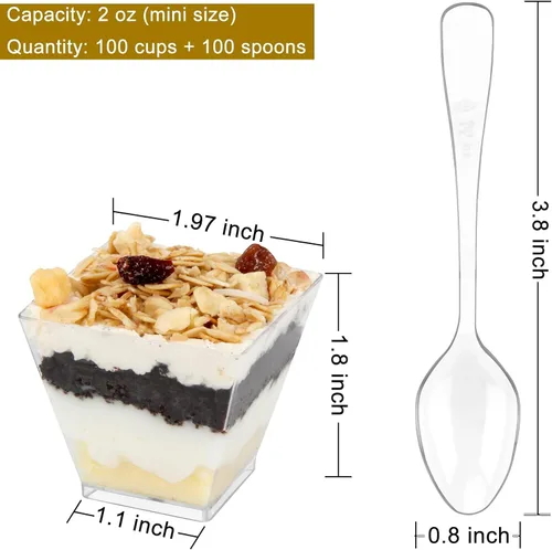Vista 2 de Colovis Tazas Mini para Postres, 100 CT Tazas de Plástico Transparente de 2oz para Parfait y Aperitivos con Cucharas, Cuencos Mini Cuadrados