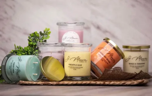 Vista 4 de J' Maure Candle Co. Velas de vidrio de roca de 100% soja de 12 onzas (algodón limpio), cera de soja, fragancia para el hogar, regalo de decoración