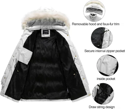 Vista 3 de Chrisuno Abrigos cálidos de invierno para mujer, chaqueta acolchada con cordón largo, impermeable, parka de nieve con capucha extraíble de piel