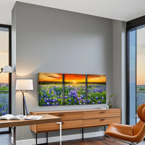 Vista 3 de Nachic Wall Cuadro de 3 piezas de puesta de sol para pared, hermoso campo de arándanos de Texas, pintura fotográfica sobre lienzo, póster de paisaje