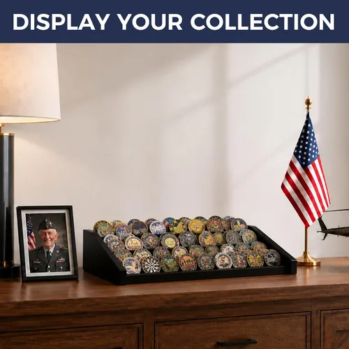 Vista 7 de Challenge - Soporte de exhibición de monedas, 12 filas de madera maciza, soporte militar para monedas con capacidad para 80-100 monedas, estante