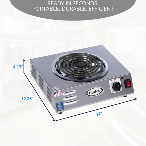 Vista 4 de Cadco CSR-3T - Placa caliente eléctrica portátil de 14" para encimera de alta potencia con un quemador tubular para restaurante, hotel, camión