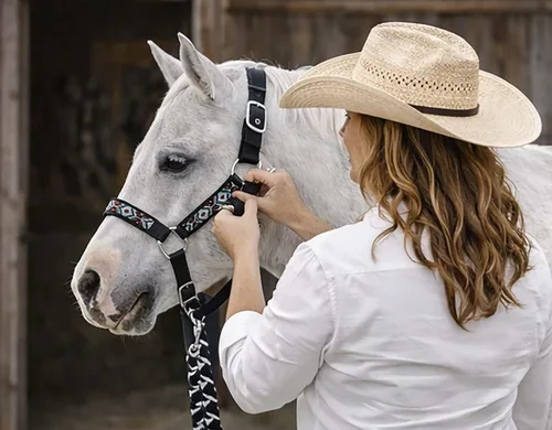 Vista 4 de CHALLENGER Nylon Horse Beaded Halter Nickle Plated Hardware w/Lead Rope Tack Blue 606175