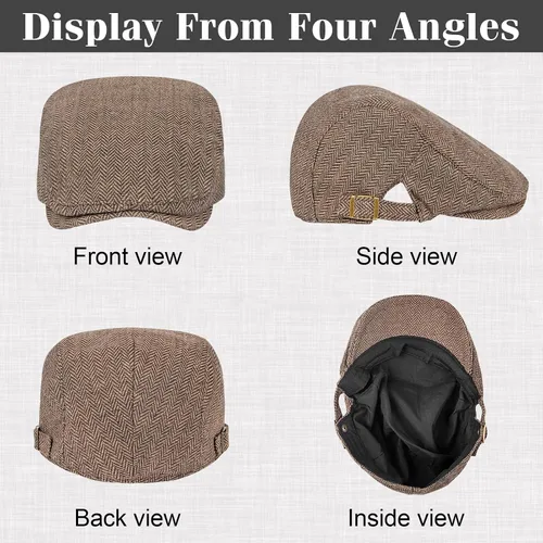 Vista 3 de Senker Fashion - Paquete de 2 gorras Newsboy para hombre, ajustables, de espiga, de tweed, de mezcla de lana, gorra plana Ivy, gorra de taxista