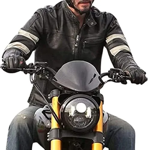 Vista 5 de Keanu Reeves Retro Black Motorcycle Leather Biker Jacket Men - Vintage Cafe Racer Jacket