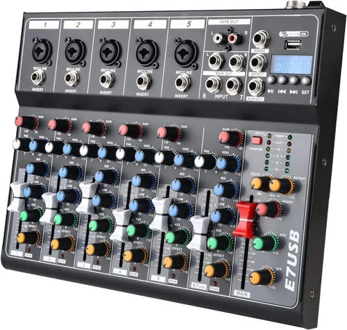 Vista 9 de Mezclador de Audio de 4 Canales, Mezclador DJ con Amplificador de Potencia, Tarjeta de Sonido de Audio con Alimentación Fantasma de 48V, Interfaz