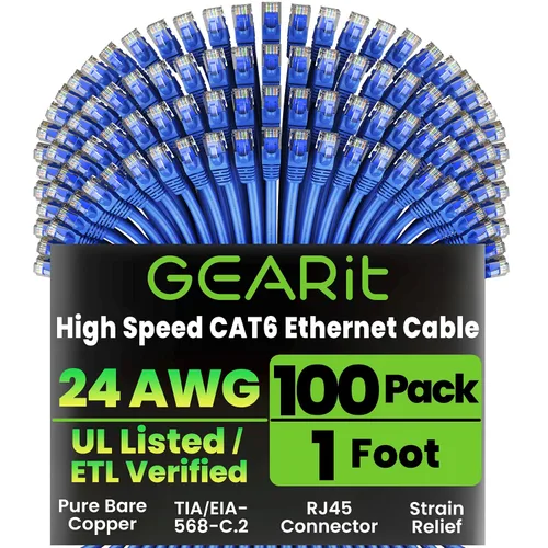 Vista 14 de GEARit Paquete de 100 cables Ethernet Cat6 de 0.5 pies Cable de conexión de red RJ45, conectores chapados en oro sin enganches de 10 Gbps, cable