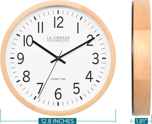 Vista 2 de La Crosse Technology 404-53707-INT Reloj de pared analógico atómico de madera de haya de 12.8 pulgadas