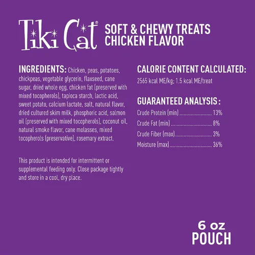 Vista 3 de Tiki - Golosinas suaves y masticables para gatos, sabor a pollo, 3 calorías por golosina sin granos y sin gluten añadido, bolsa de 6 onzas