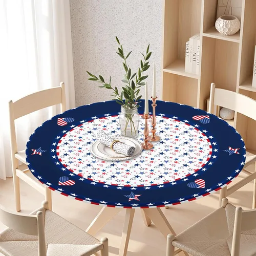 Vista 8 de Mantel redondo ajustable para el 4 de julio con borde elástico, impermeable, lavable, azul, rojo, blanco, estrella, patriótica, independencia, Día