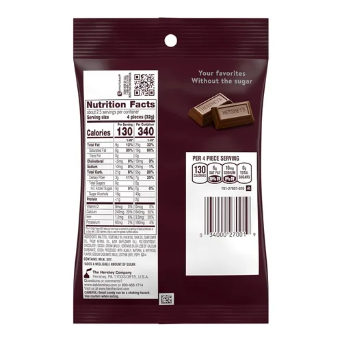 Vista 2 de HERSHEY'S Bolsas de caramelo de chocolate sin azúcar, 3 oz (12 unidades)