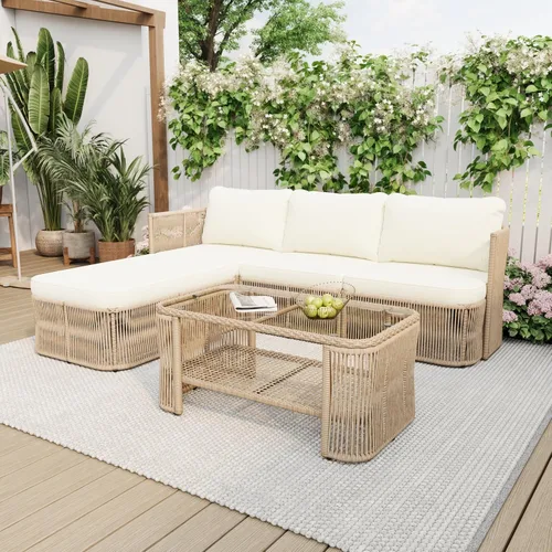 Vista 16 de Juego de muebles de patio al aire libre de madera de acacia de 4 piezas, juego de conversación para todo tipo de clima con sofá biplaza, 2 sillas