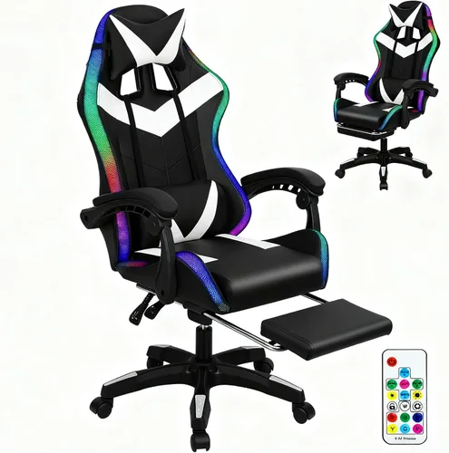 Vista 10 de Silla de juegos con altavoces Bluetooth y luces LED, silla ergonómica de masaje para computadora, altura ajustable, silla de videojuegos con asiento