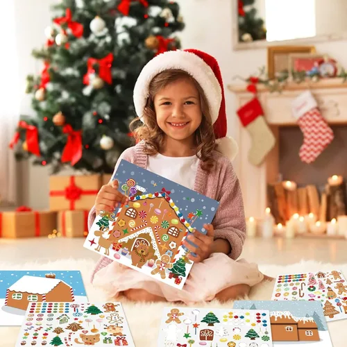 Vista 2 de VABAMNA Artículos de Fiesta de Navidad para Niños - 30 Hojas Haz una Casa de Pan de Jengibre Pegatinas de Manualidades DIY Escenas para Actividades