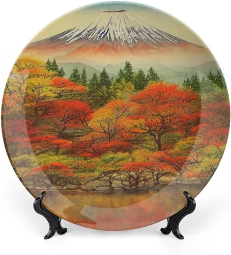 Vista 12 de Platos decorativos de pintura de paisaje de árboles de montaña otoñal, platos decorativos para decoración del hogar, platos de cena de temporada