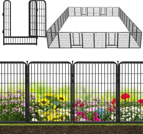 Vista 13 de Valla decorativa de metal negro para jardín con puerta, 4.5 pies de largo x 32 pulgadas de alto, 2 paneles de valla sin excavación, valla de barrera