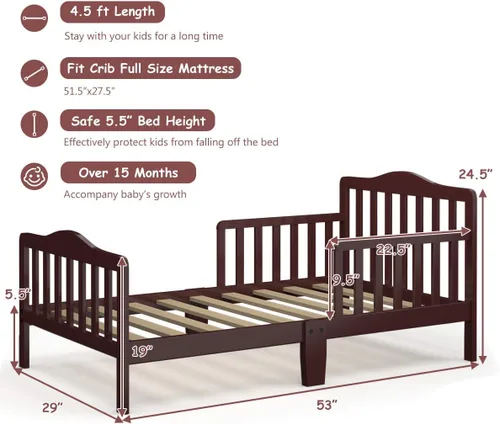 Vista 3 de Estructura de cama de madera de Costzon, para niños pequeños, con cerca de seguridad, Cereza