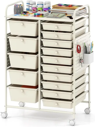 Vista 12 de Giantex Carrito de almacenamiento rodante con 10 cajones, carrito utilitario con tablero, organizador de cajones con ruedas para manualidades, arte