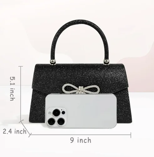 Vista 6 de Bolso de noche para mujer, con lazo brillante, bolso de mano para boda, fiesta, monederos con diamantes de imitación con purpurina para cóctel