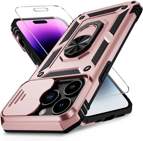 Vista 29 de Funda para iPhone 14 con cubierta para lente de cámara, protector de pantalla HD, protección contra caídas de grado militar de 10 pies, soporte