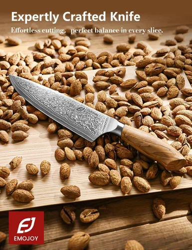 Vista 9 de Cuchillo de chef de Damasco en acero japonés, cuchillo de cocina de Damasco de 67 capas con caja de regalo de madera y mango de madera de olivo