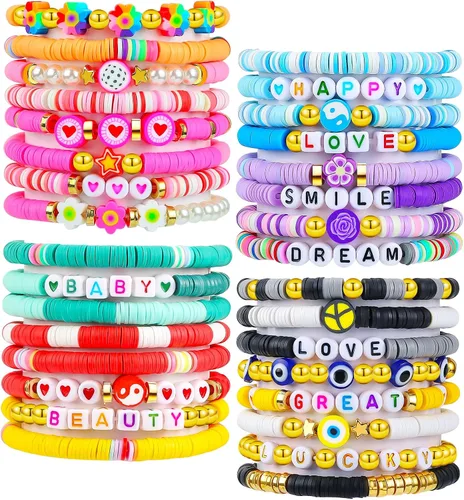 Vista 8 de LUYI 32 piezas de pulseras de joyería preppy para mujer, cuentas de arcilla, coloridas, pulseras heishi estilo surfista, conjunto de pulseras