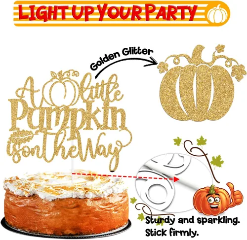 Vista 3 de Decoración para tartas con purpurina dorada "A Little Pumpkin is on the Way", dulce calabaza/calabaza Oh Baby/Little Pumpkin, decoración de fiesta