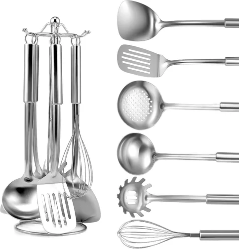 Vista 8 de Juego de 6 piezas de utensilios de cocina de acero inoxidable, utensilios de cocina con mango suspendido, espátula, espumadera, cucharón, cuchara