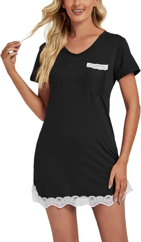 Vista 3 de Vrtige Camisón de manga corta para mujer, camisón de encaje con cuello en V