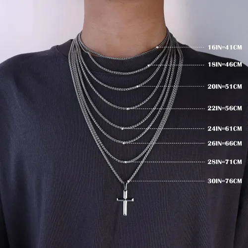 Vista 6 de IRONBOX Collar de cruz de plata de ley 925 para hombres y mujeres, 0.118 pulgadas, acero inoxidable, fuerte, duradero, cadena de trigo, borde