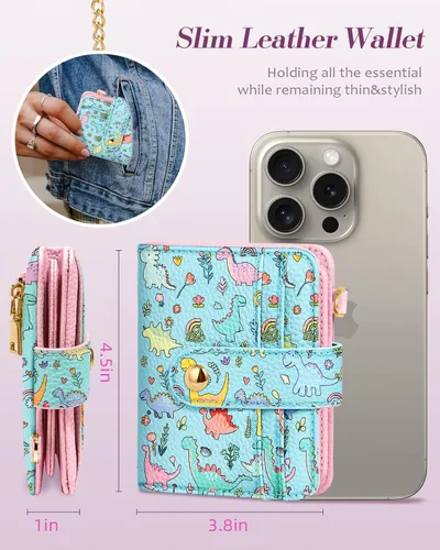 Vista 2 de Bistup Cartera para Mujeres Pequeña y Bonita Cartera de Tarjetas de Cuero Genuino RFID con Llavero para Damas Adolescentes Niñas Plegable