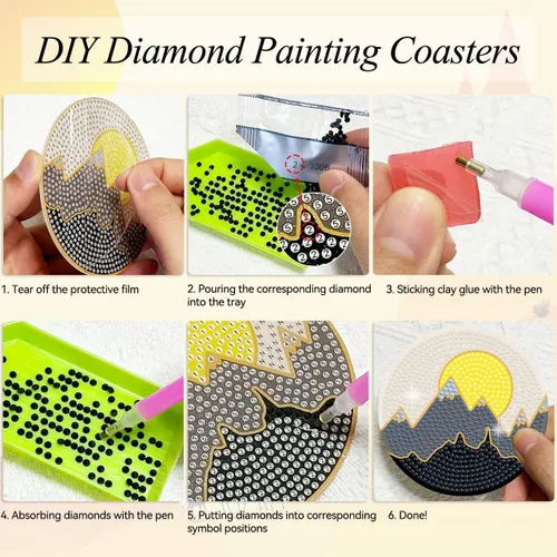 Vista 4 de Vcekract Posavasos de Pintura de Diamante, Juego de 6 Posavasos de Pintura de Diamante de Paisaje Abstracto con Soporte, Kits de Arte de Diamante