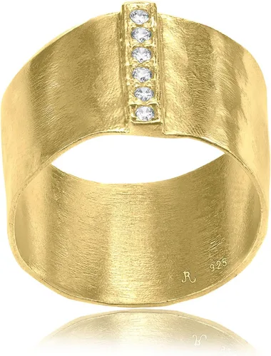 Vista 5 de JEAN RACHEL JEWELRY 14K Gold Plated Sterling Silver Ring with 0.18 TCW Cubic Zirconia - Wide Band Hammered Vintage Design - Hypoallergenic, Lead &