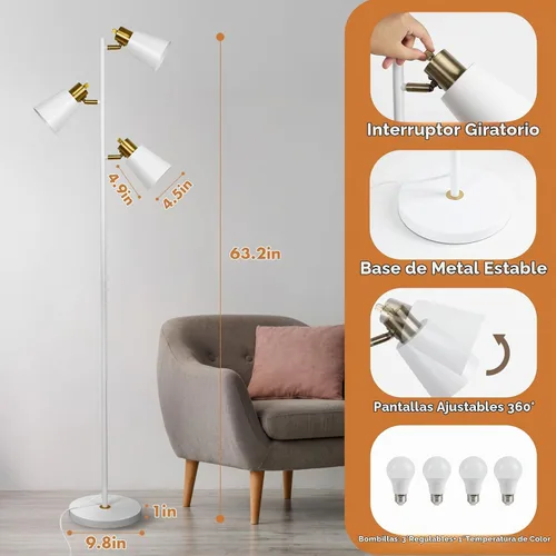 Vista 7 de Lámpara de pie estilo árbol para sala de estar, lámpara de pie industrial de 3 luces con 3 bombillas LED, cabezas giratorias ajustables, lámpara