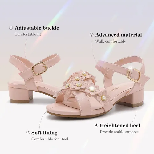 Vista 4 de Sandalias para niñas, tacones para niños, puntera abierta, correa al tobillo, zapatos de vestir, flores para boda, fiesta para niños pequeños