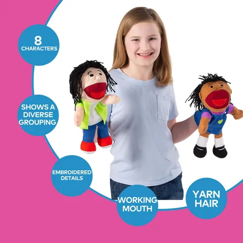 Vista 2 de Fun Express – Muñecos de felpa Happy kids Colección multiétnica (1 paquete de 8), Multicolor Peluche con bocas móviles, terapia del habla