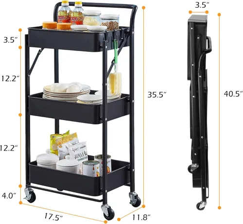 Vista 2 de BEEY Carrito de almacenamiento plegable de metal con ruedas, sin montaje, cesta de mercado de alambre de metal, organizador de almacenamiento Negro