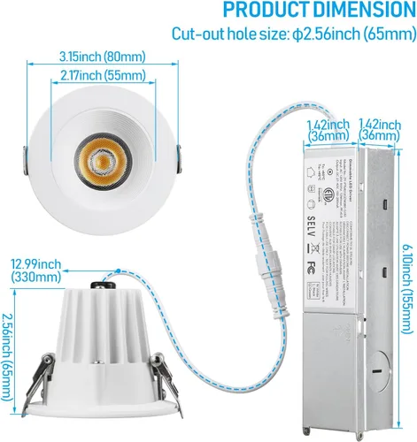 Vista 7 de TORCHSTAR 5CCT - Iluminación LED empotrable de 2 pulgadas con caja de conexiones, 600 lm CRI90+ regulable LED antirreflejo, clasificación IC