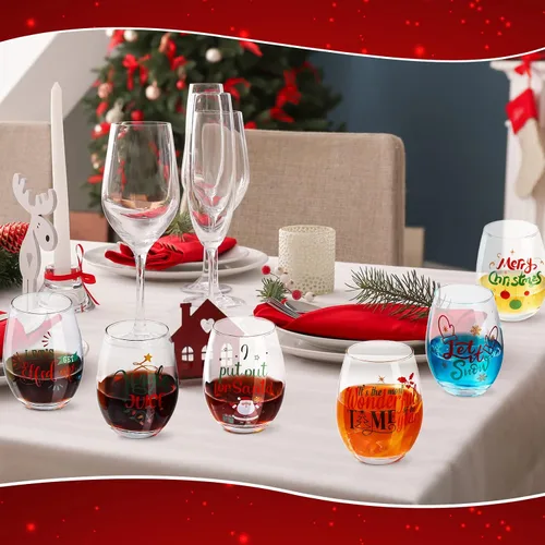 Vista 6 de Funtery 6 Piezas Vasos de Vino de Navidad sin Tallo, Divertido Juego de Regalo de Navidad para Maestros, Hombres, Mujeres, Familia, Amigos