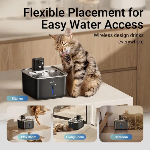 Vista 3 de DownyPaws Fuente de agua para gatos de acero inoxidable inalámbrica, fuente de agua inalámbrica FurSink de 101 oz/3 L para gatos, fuentes para gatos