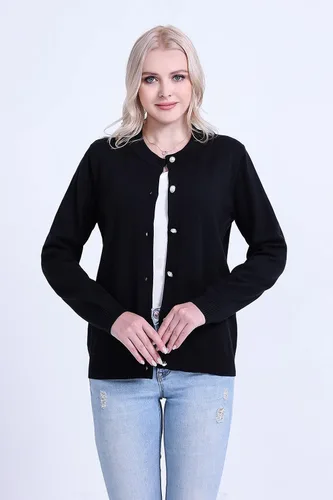 Vista 3 de SMILING PINKER Suéter de punto con cuello redondo y botones de perlas para mujer, peso medio